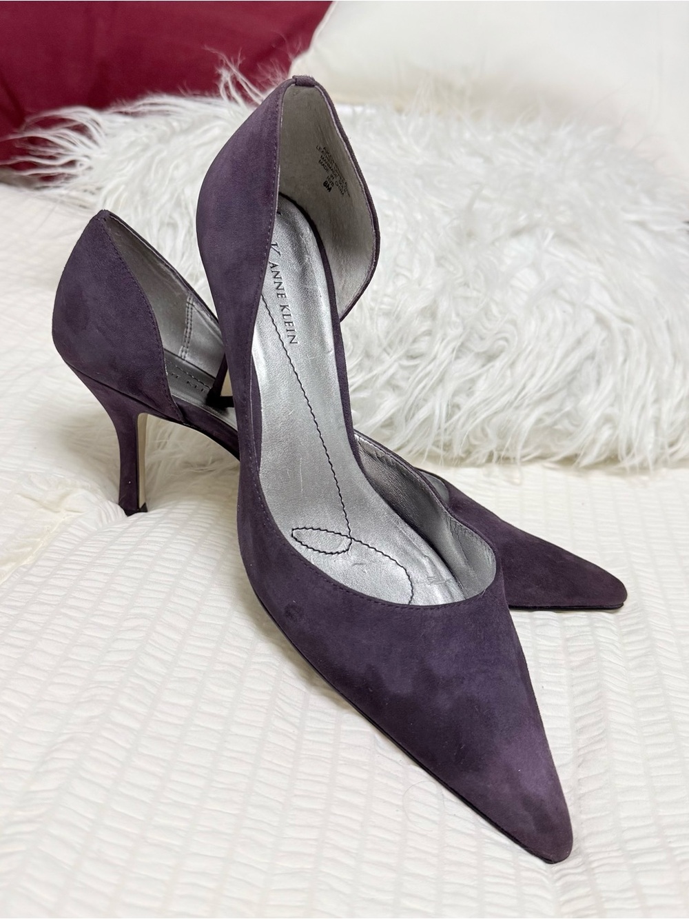 Anne Klein Plum Suede D'Orsay Pointed-Toe Heels